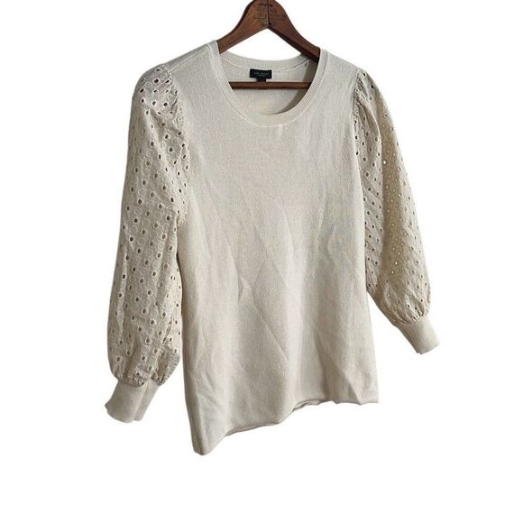 Ann Taylor Factory Blouson Eyelet Sleeve Pullover Sweater White Size Small - Picture 2 of 7